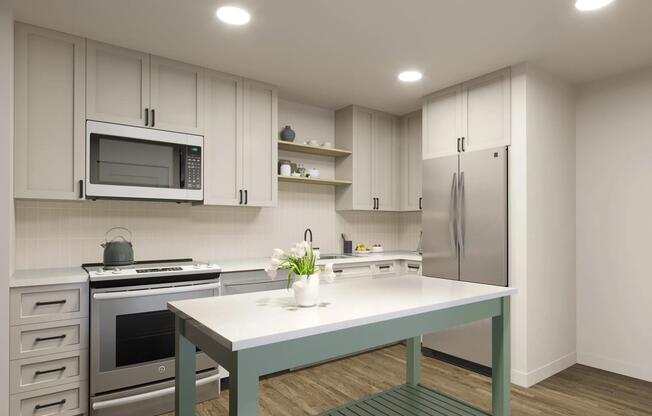 Gourmet kitchens feature movable kitchen islands, quartz countertops, and custom cabinetry with soft close.