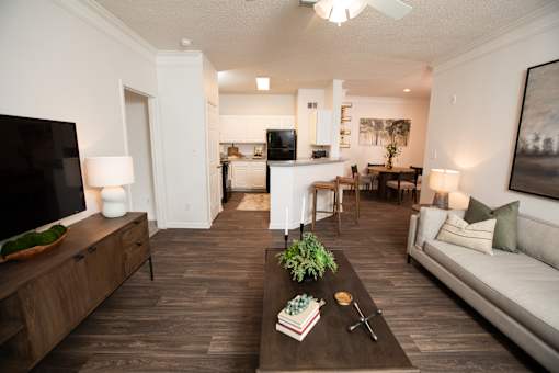A living room with a couch, coffee table, and television.
