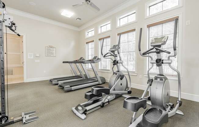 the gym with treadmills and ellipticals at the preserve at great neck apartments