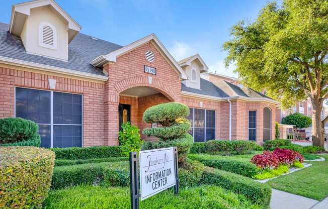 Gorgeous walkup to the leasing office surrounded by trees and flowers at Turnberry Isle Apartments in Dallas, TX offers 1,2 and 3 Bedroom Apartment Homes.