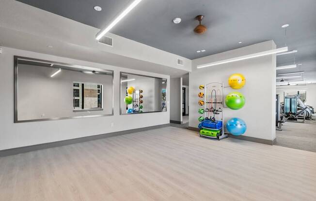 A gym with a mirror, exercise balls, and other equipment.