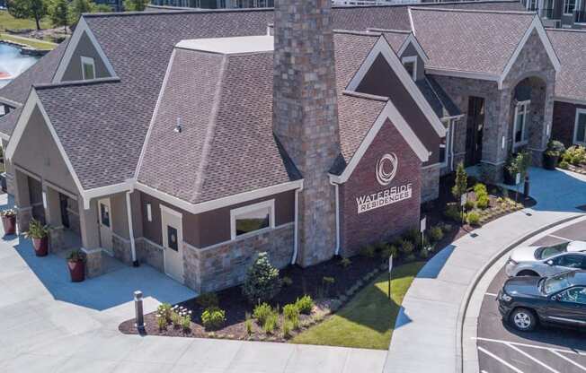 an aerial view of the community clubhouse with guest parking