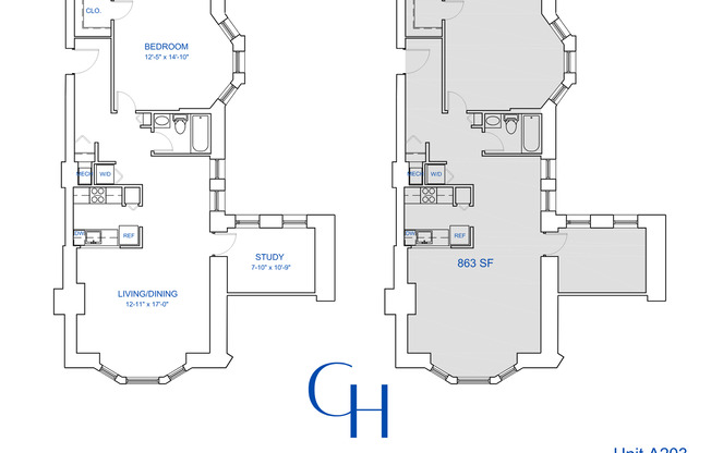 1 bed, 1 bath, 863 sqft, $2,044, Unit A-203