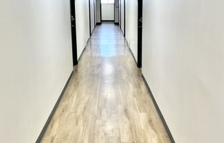 Bright and spacious hallway with modern lighting and sleek wood flooring.
