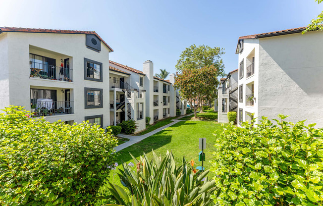 a view of a grassy area between some apartment buildings