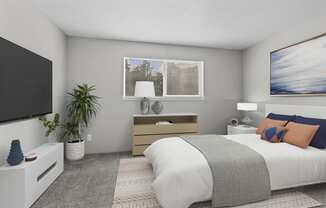 an image of a bedroom with a bed and a tv