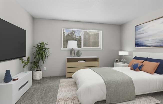 an image of a bedroom with a bed and a tv