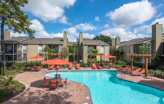 a pool in front of a building