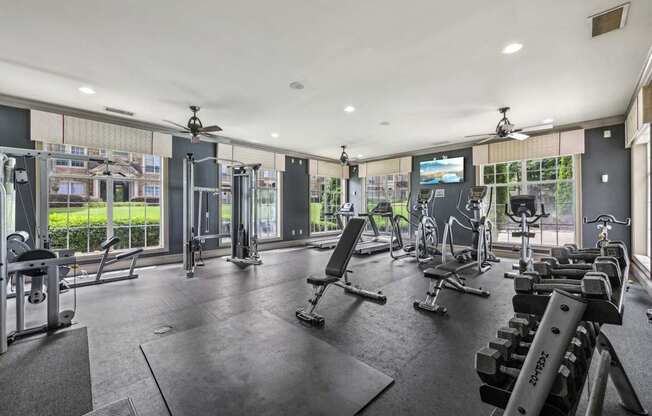 A spacious gym with a variety of equipment including treadmills, stationary bikes, and weight machines.