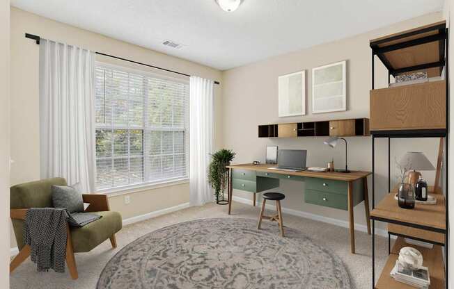 A room with a desk, chair, and a window with blinds.