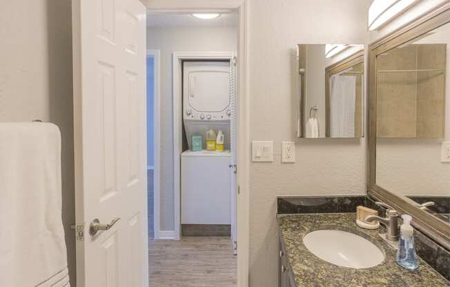 a bathroom with a sink and a mirror and a closet