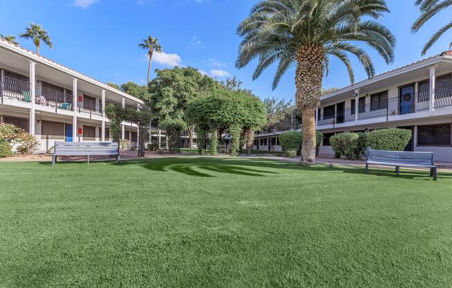 a large lawn in front of a building