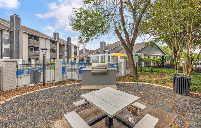 a picnic area with a picnic table and a grill