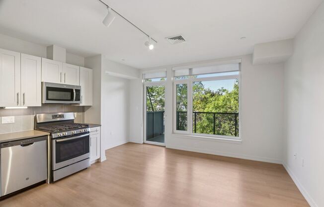 Kitchen with attached patio at Park77 Apartments, Cambridge, Massachusetts