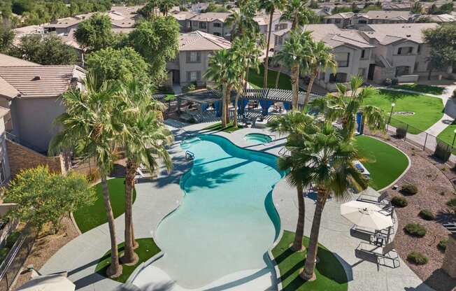 an aerial view of a swimming pool with palm trees