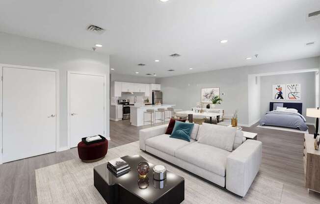 a living room with a couch and a table