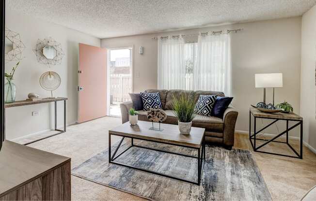 A living room with a couch, a coffee table, and a rug.