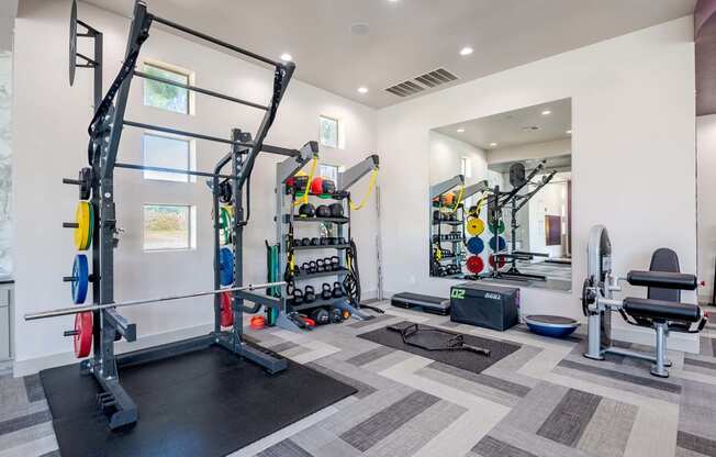 a home gym with weights and equipment on the wall