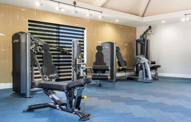 a gym with weights and cardio equipment in a hotel room