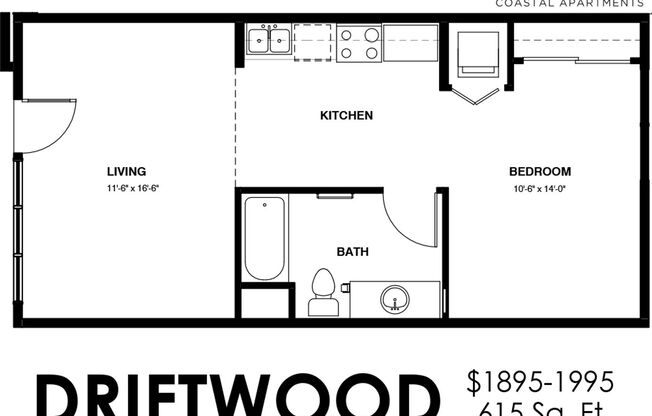 Studio, 1 bath, 615 sqft, $2,295, Unit 226