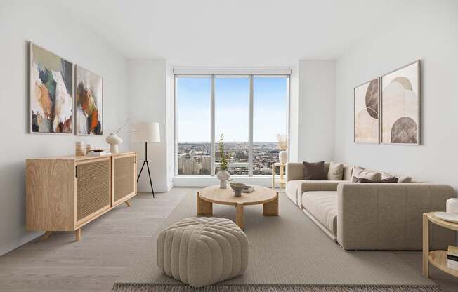 a living room with a couch and a table and a window at The Paxton, New york