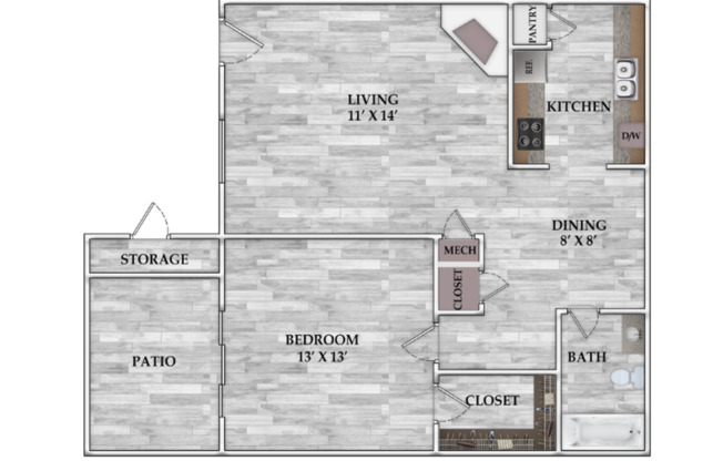 1 bed, 1 bath, 671 sqft, $720, Unit 117