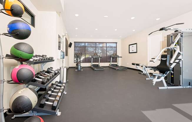 gym with free weights, weight machine, and cardio equipment