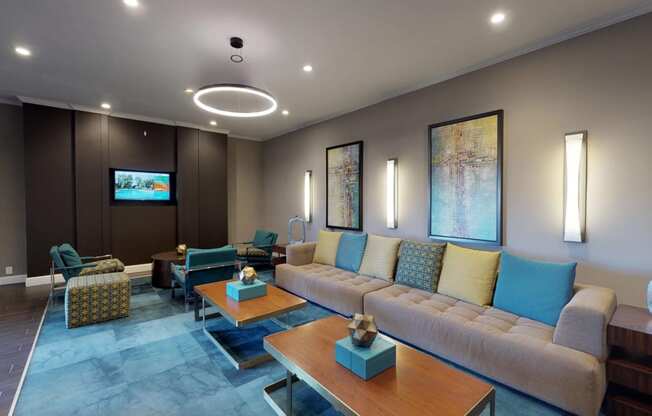 Lounge area in the leasing center at Bridgeyard in Alexandria, VA