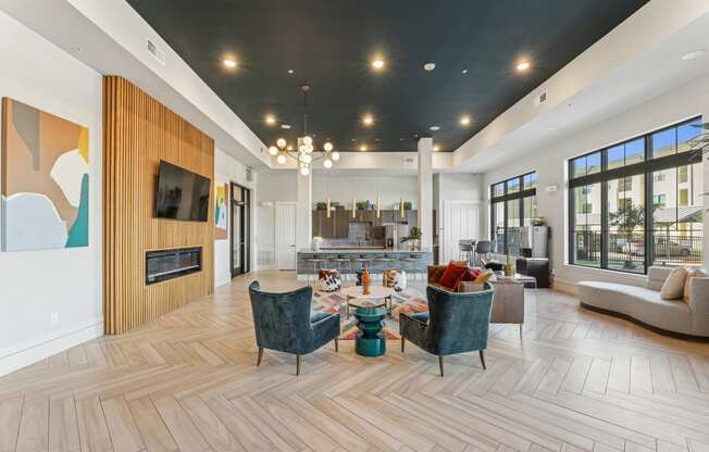 the preserve at ballantyne commons living room with furniture and a fireplace