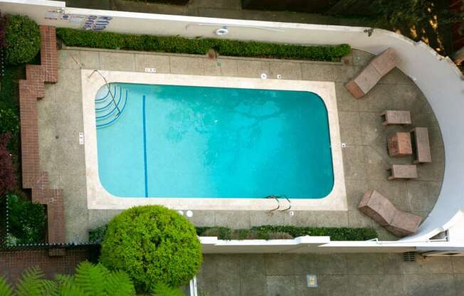 an aerial view of a swimming pool in a backyard