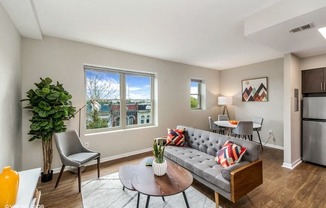 A living room with a grey couch, a chair, a table, and a potted plant.