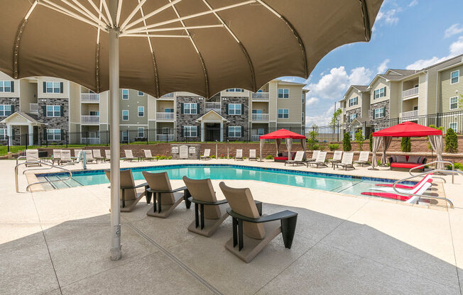 Shaded Lounge Area by Pool at Aventura at Maryland Oaks, St. Louis, 63146