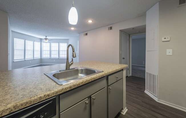 a kitchen with a sink and a window