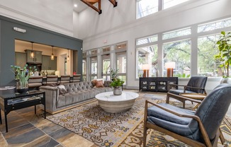 A living room with a grey couch, a coffee table, and a rug.