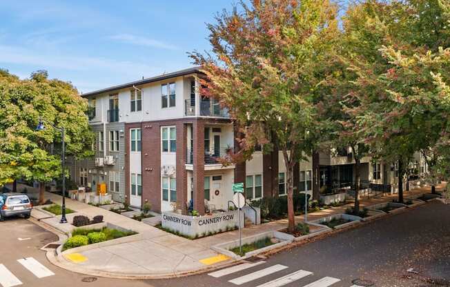 A street view of a residential area with apartment buildings and trees.