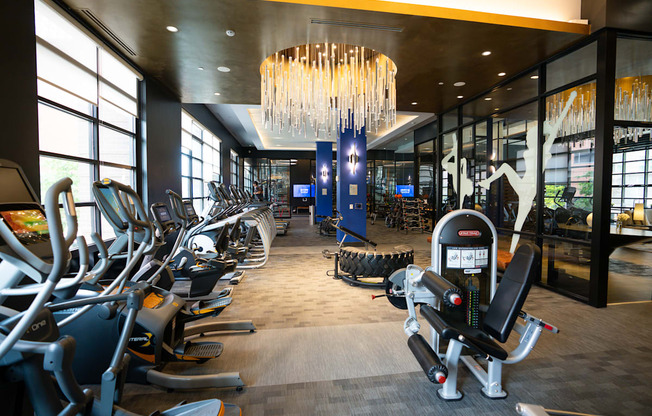 A gym with a variety of exercise equipment including treadmills, stationary bikes, and weight machines.