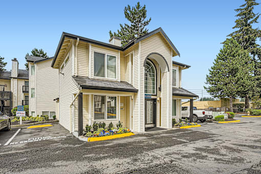 Exterior of the Leasing Office at Brookhaven Apartments in Federal Way, Washington