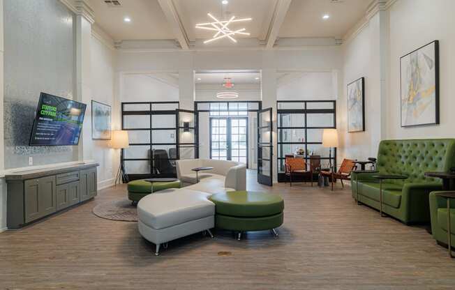 a living room with couches and chairs and a tv