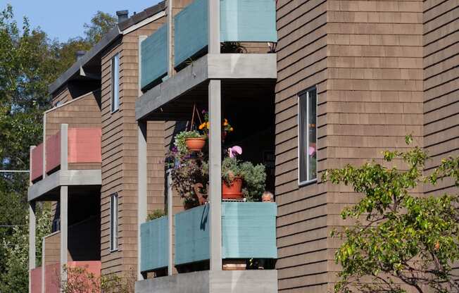 a large brown apartment building with green balconies in the daytime and potted plants