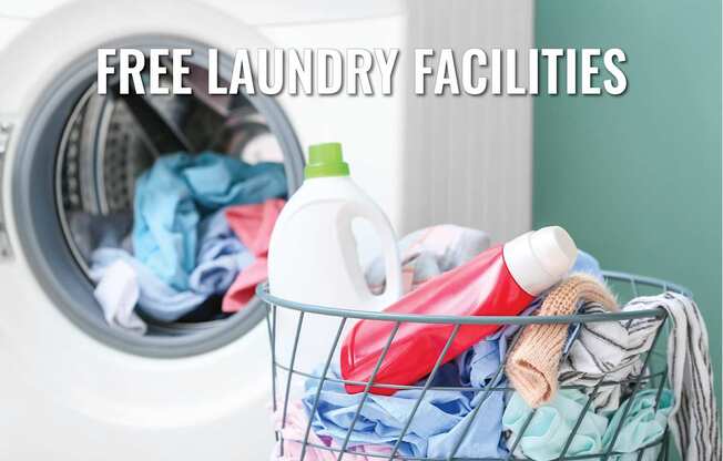 A laundry basket filled with clothes and laundry products in front of a washing machine.