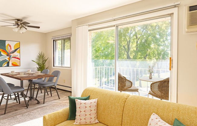 a living room with a yellow couch and a table with chairs