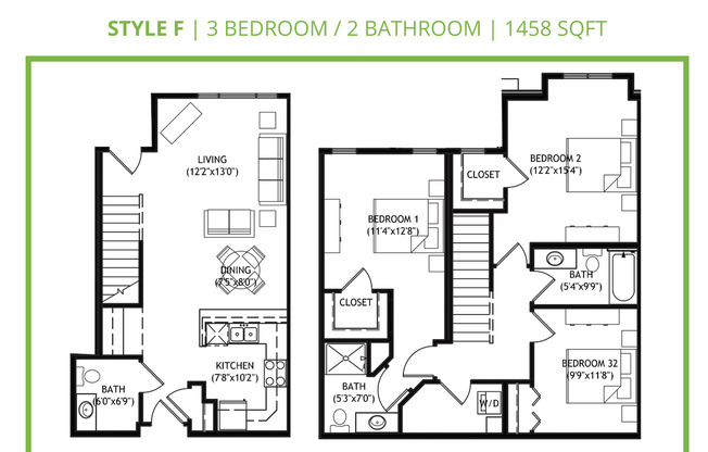 3 beds, 2 baths, 1,458 sqft, $1,870, Unit 109