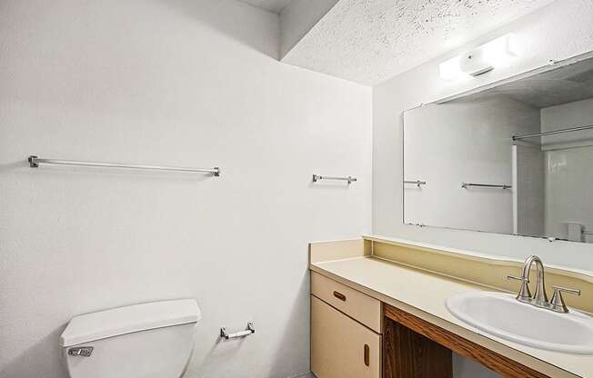 A white toilet with a white tank and a white sink with a wooden counter.