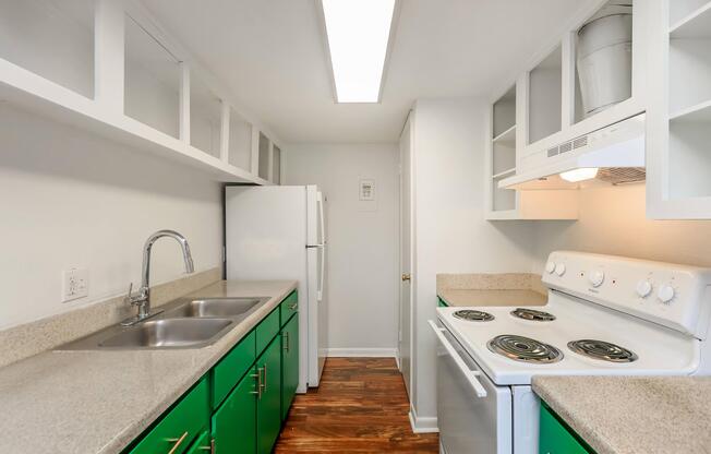 a kitchen with a stove and a sink