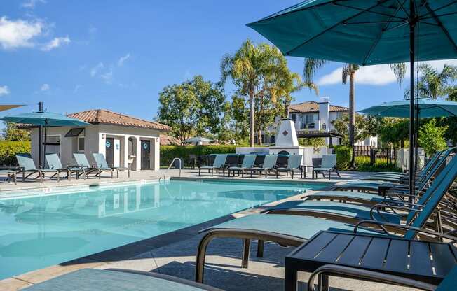 A pool with sun loungers and umbrellas is surrounded by trees.