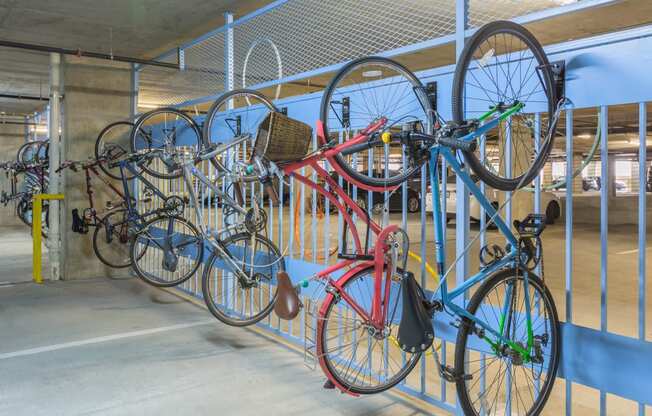 Efficient vertical bike racks offer generous space for bike storage. at Eleven by Windsor, Austin