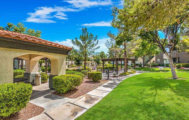 A sunny day at a residential area with a clear blue sky.