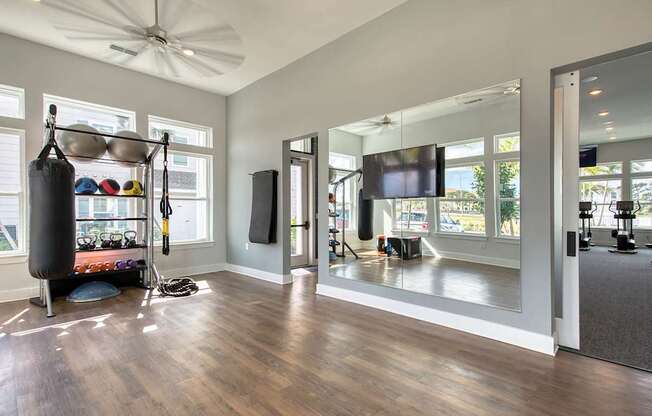 A room with a punching bag, mirrors, and a television.