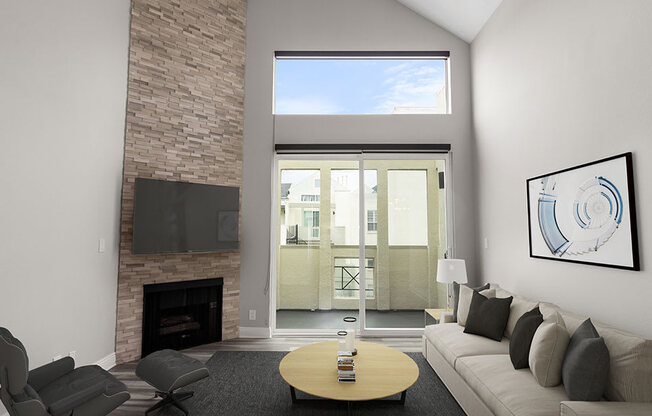 Hardwood floored living room with view of stone accent wall, fireplace, and high third-floor ceilings.