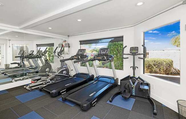 A well-equipped apartment gym with treadmills, elliptical machines, and a television.